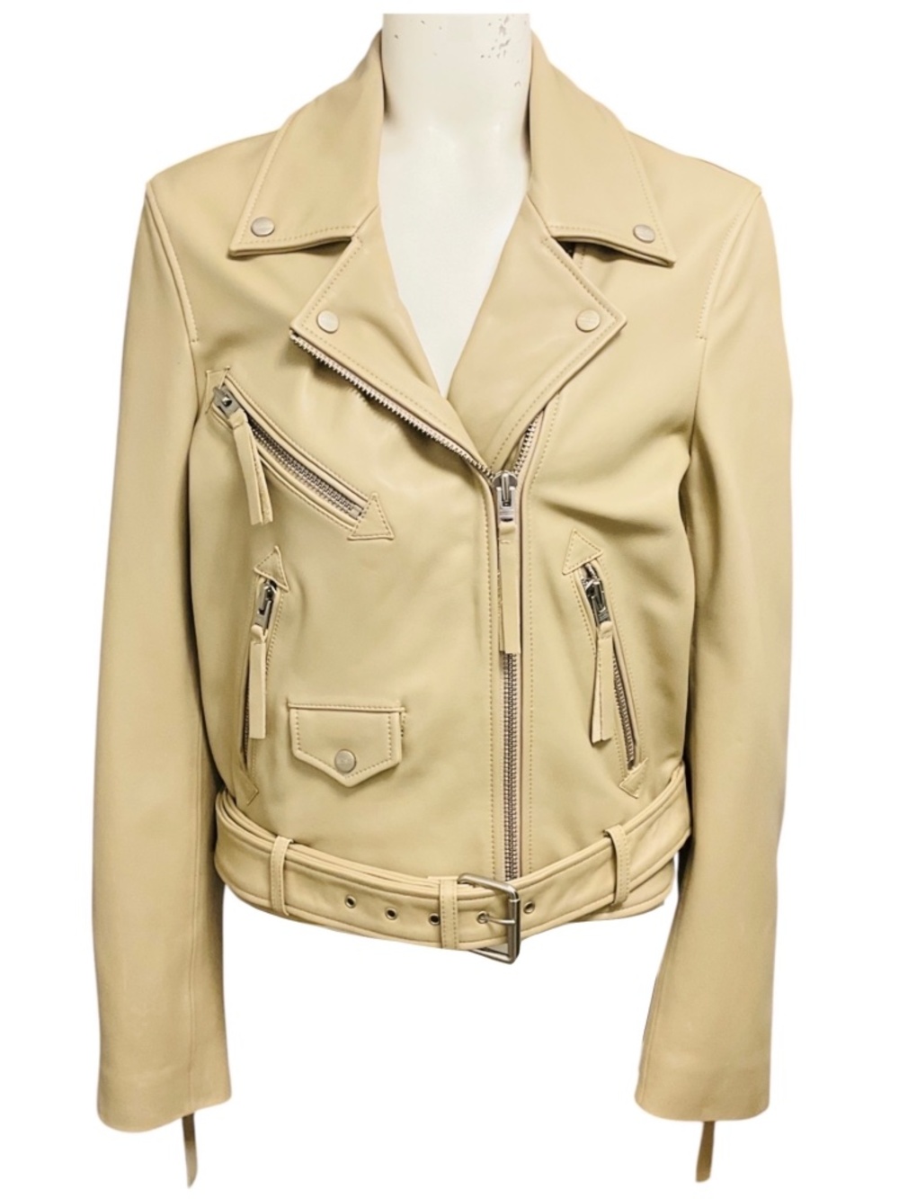 CLOSED BEIGE MOTO ZIP LAMB LEATHER JACKET